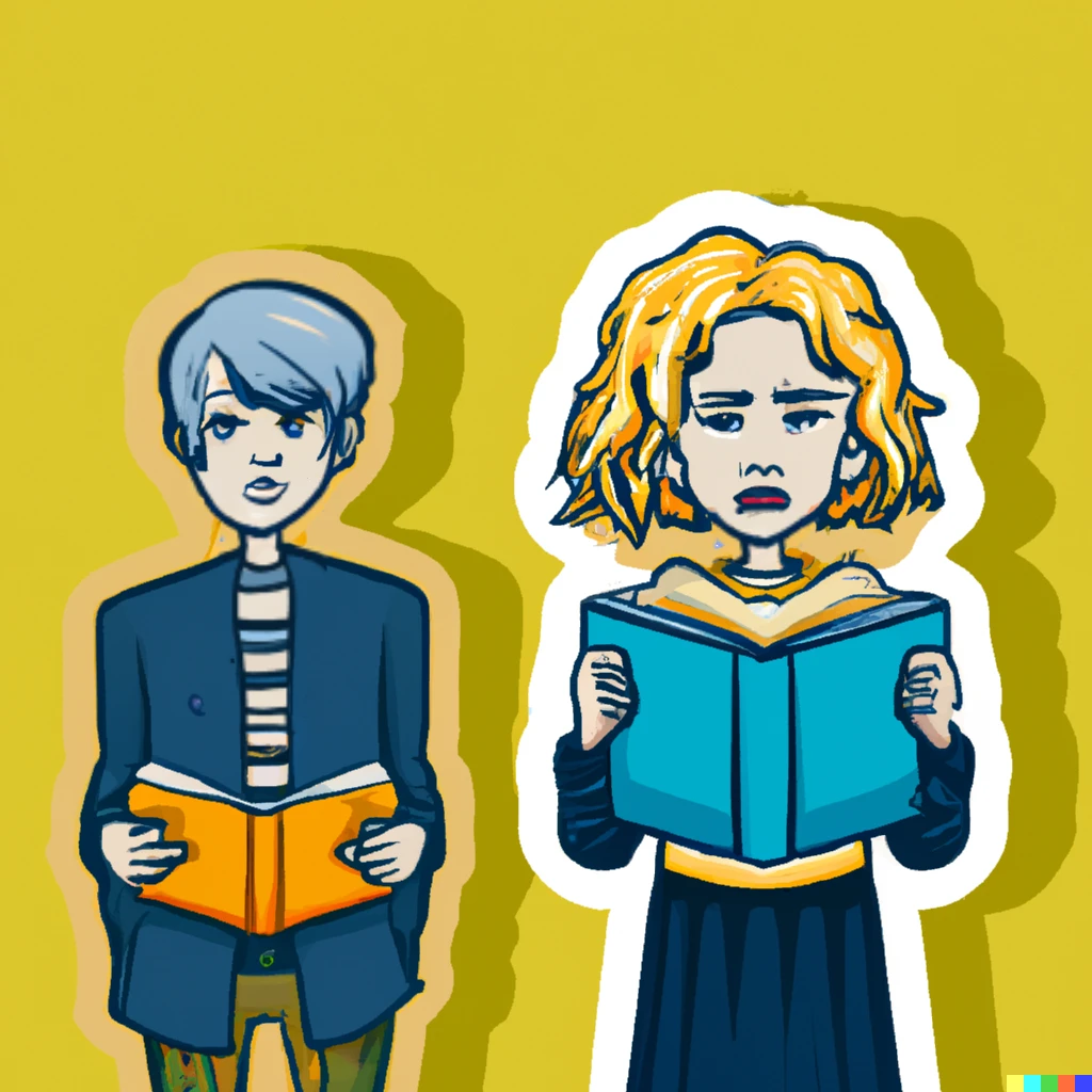 Prompt: a blue haired boy and a blond ponytail male noble holding a book, sticker illustration