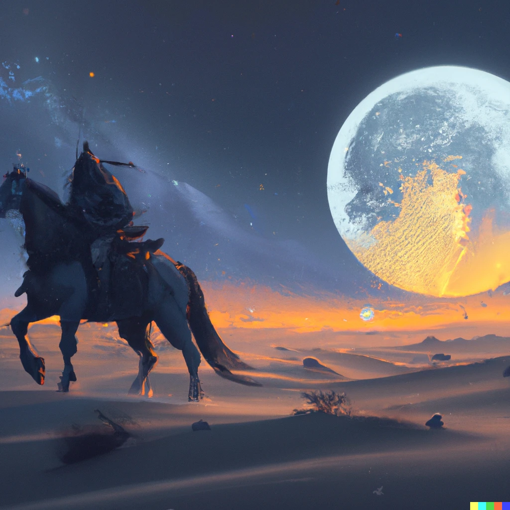 Prompt: paladin riding warhorse across desert at night, digital art