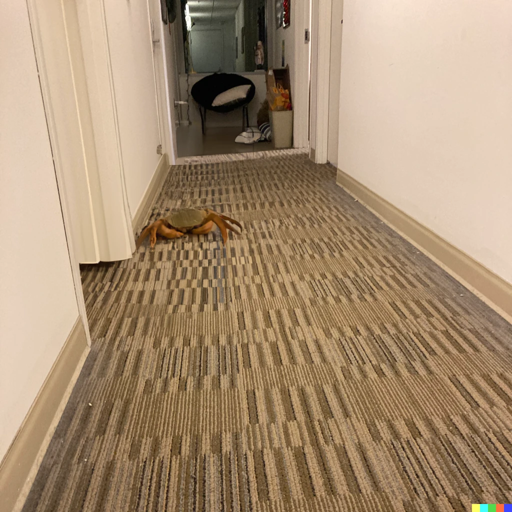 Prompt: large crab in a hallway, photograph taken with iPhone SE