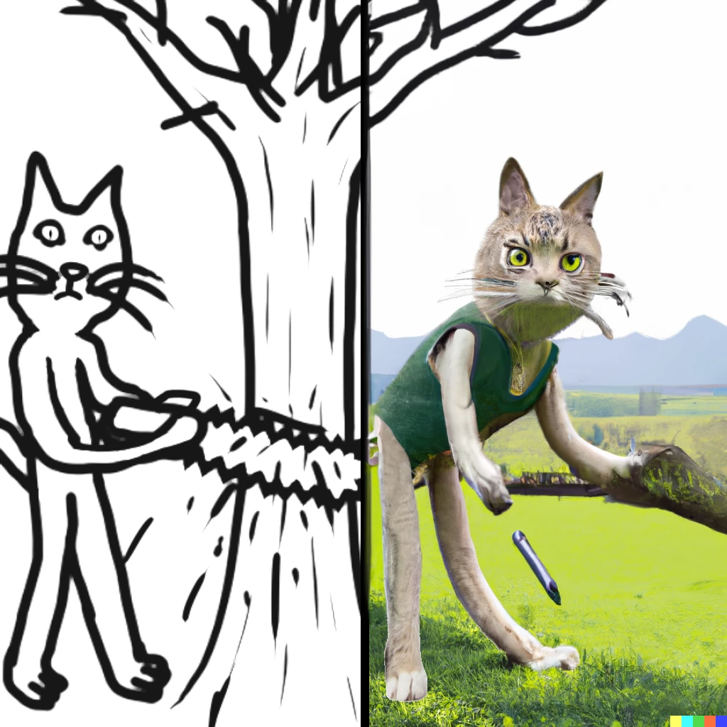 Prompt: a photorealistic render on the right of the exact same cat sawing a tree on the left