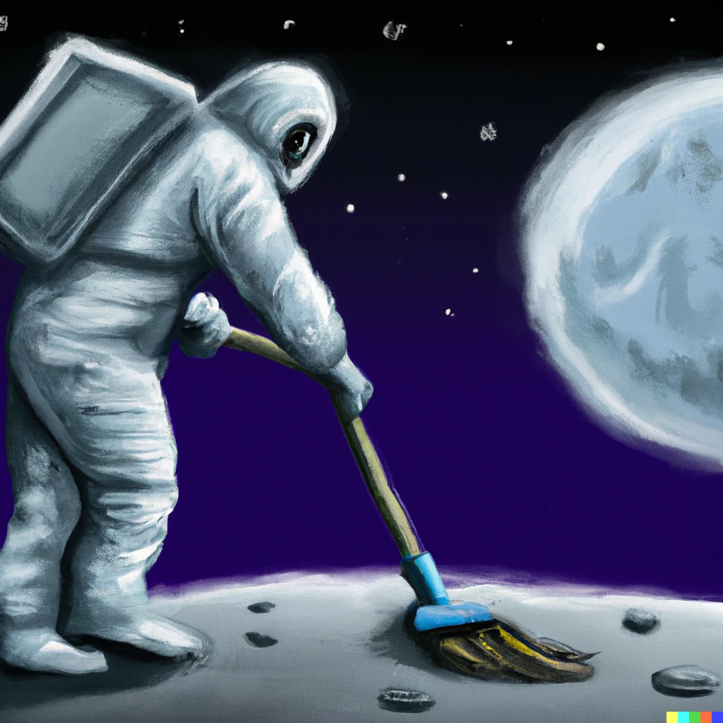 Prompt: "a space janitor cleaning the moon surface, the earth is on the horizon"