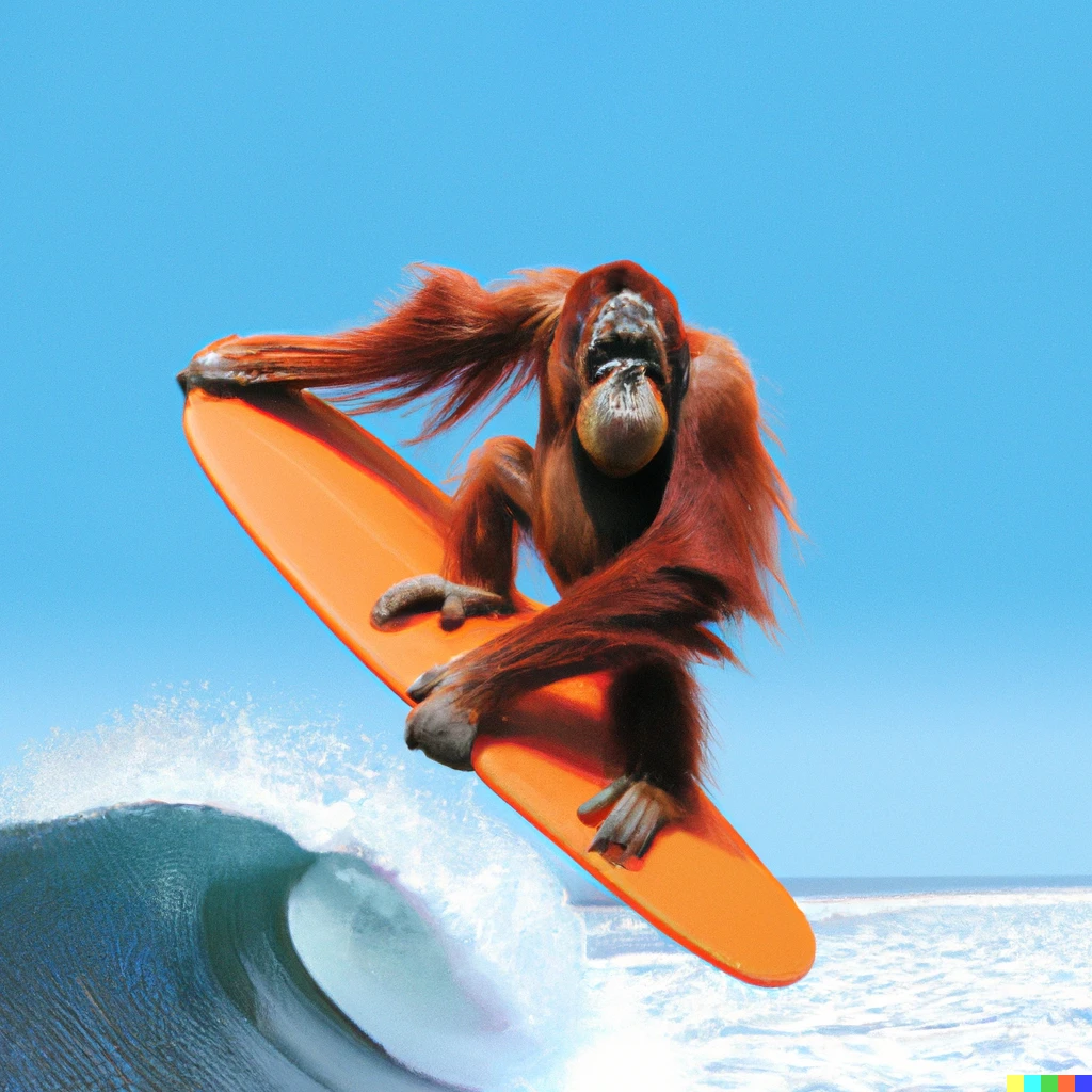 Prompt: A orangutan riding a surfboard, photograph