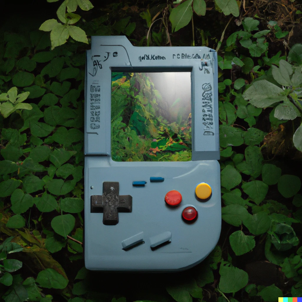 Prompt: Plastic diorama of a gamboy console in a lush forest