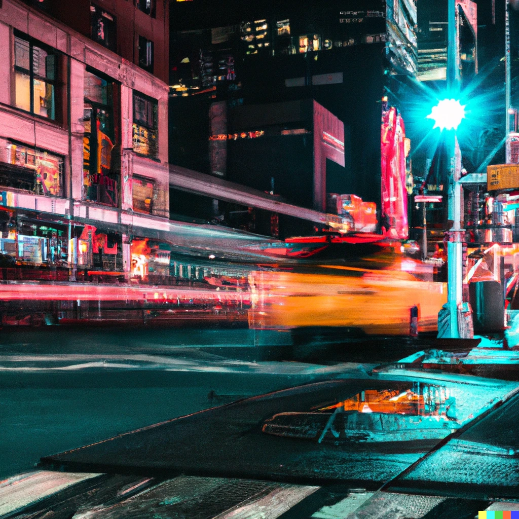 Prompt: Street in new york city, during night, a yellow cab passing by, neon, cyberpunk, long exposure, sigma 24mm F4 1 sec shutter, high detail