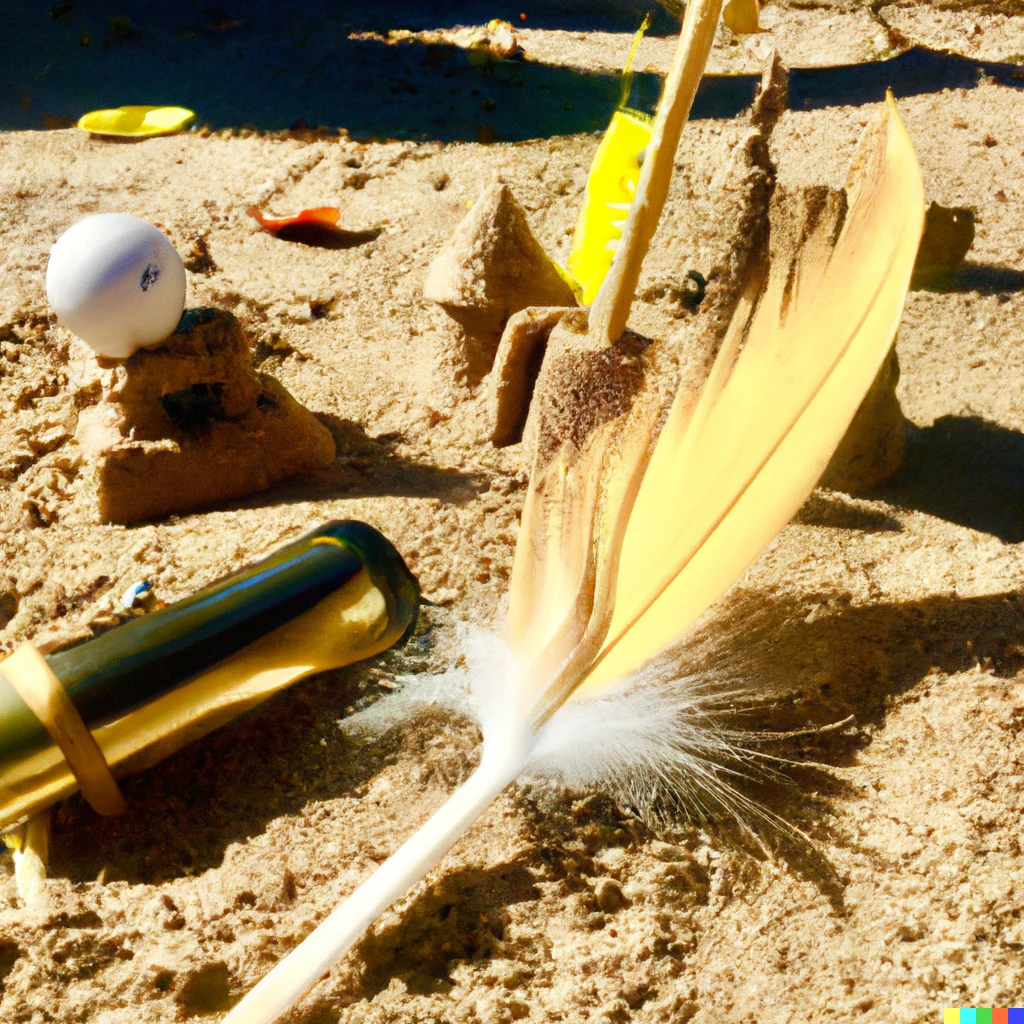 Prompt: I Spy Gold Challenger! Sand castle. I spy a marble, a feather, and a broom. Photograph.