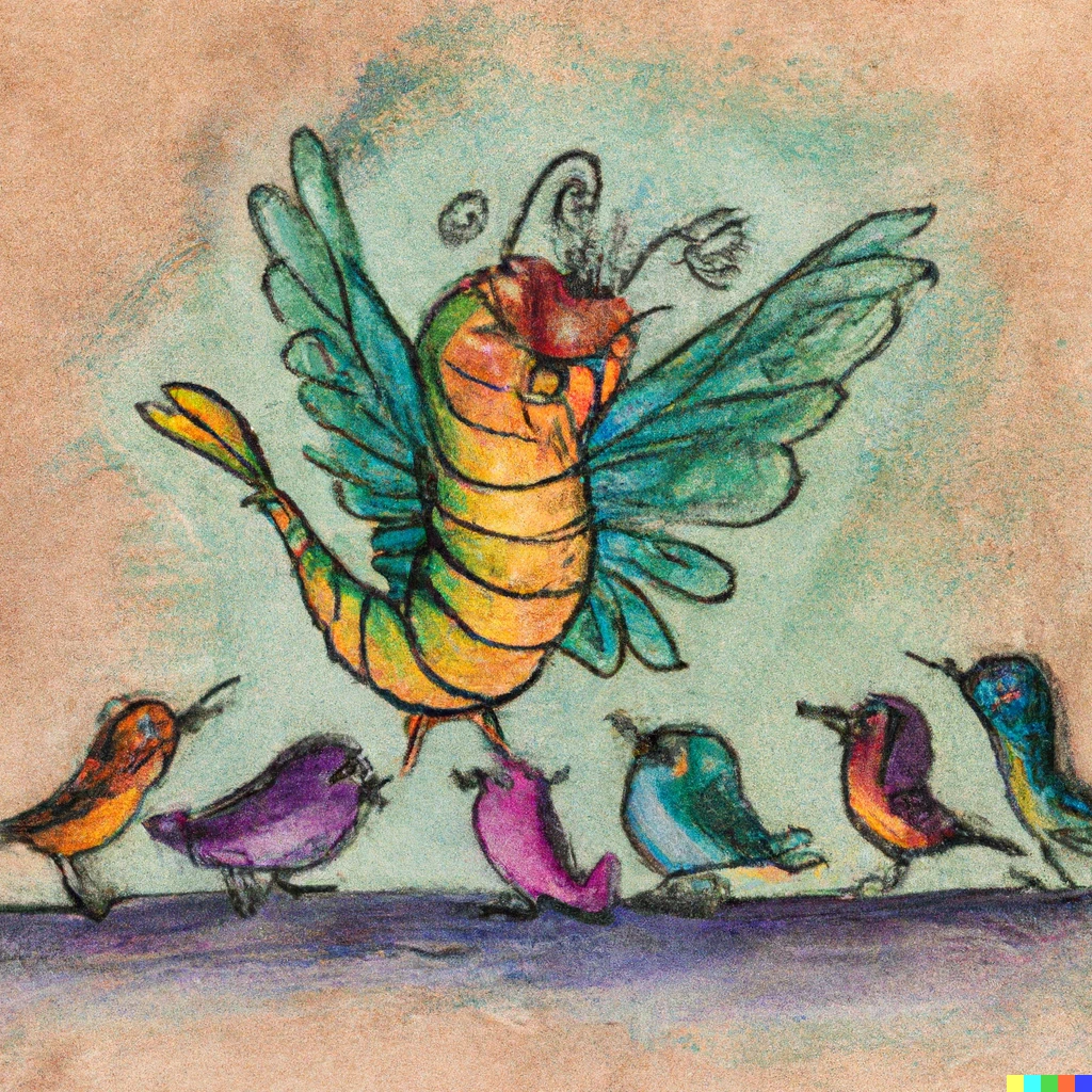 Prompt: Water color illustration of a bird with fairy wings being bullied by a group of scholarly caterpillars
