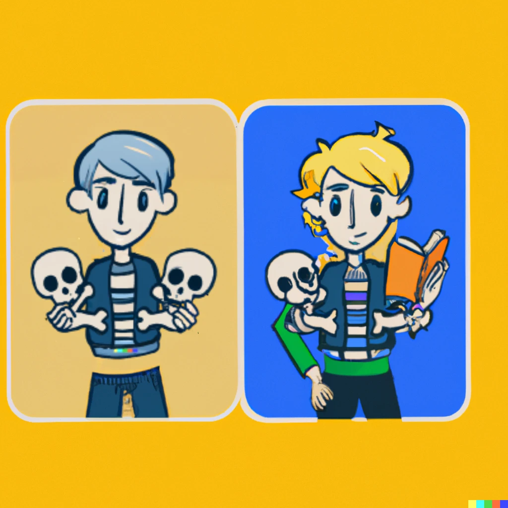 Prompt: a blue haired boy and a blond ponytail male noble holding a book, sticker illustration