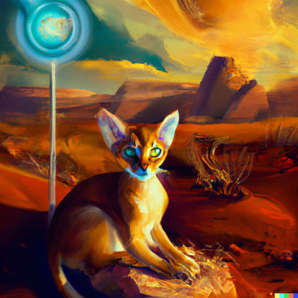 Prompt: Solarpunk Abyssinian cat in desert, solarpunk digital art