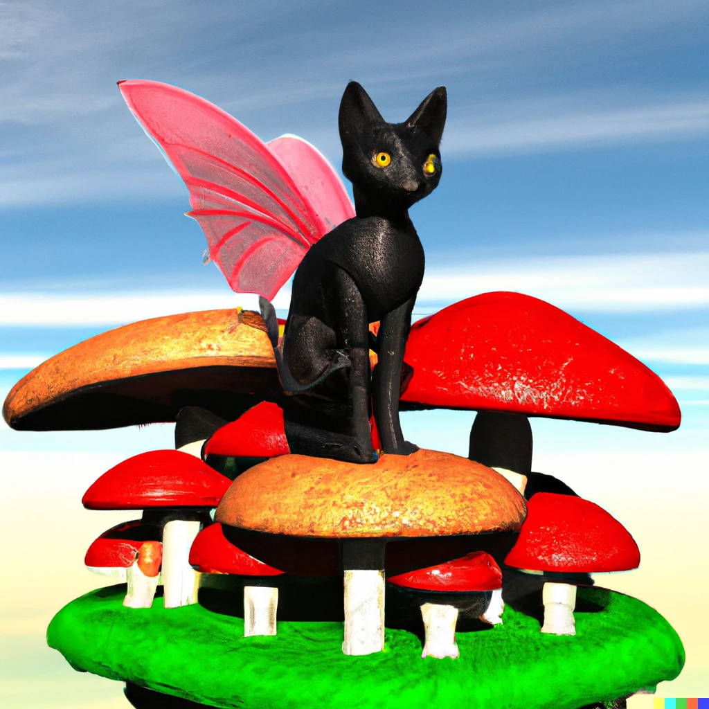 Prompt: "black cat with beige wings sitting on a floating island with giant red mushrooms, 3d render"