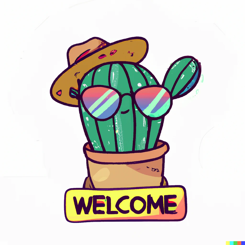 Prompt: welcome text under cactus waving, sticker illustration