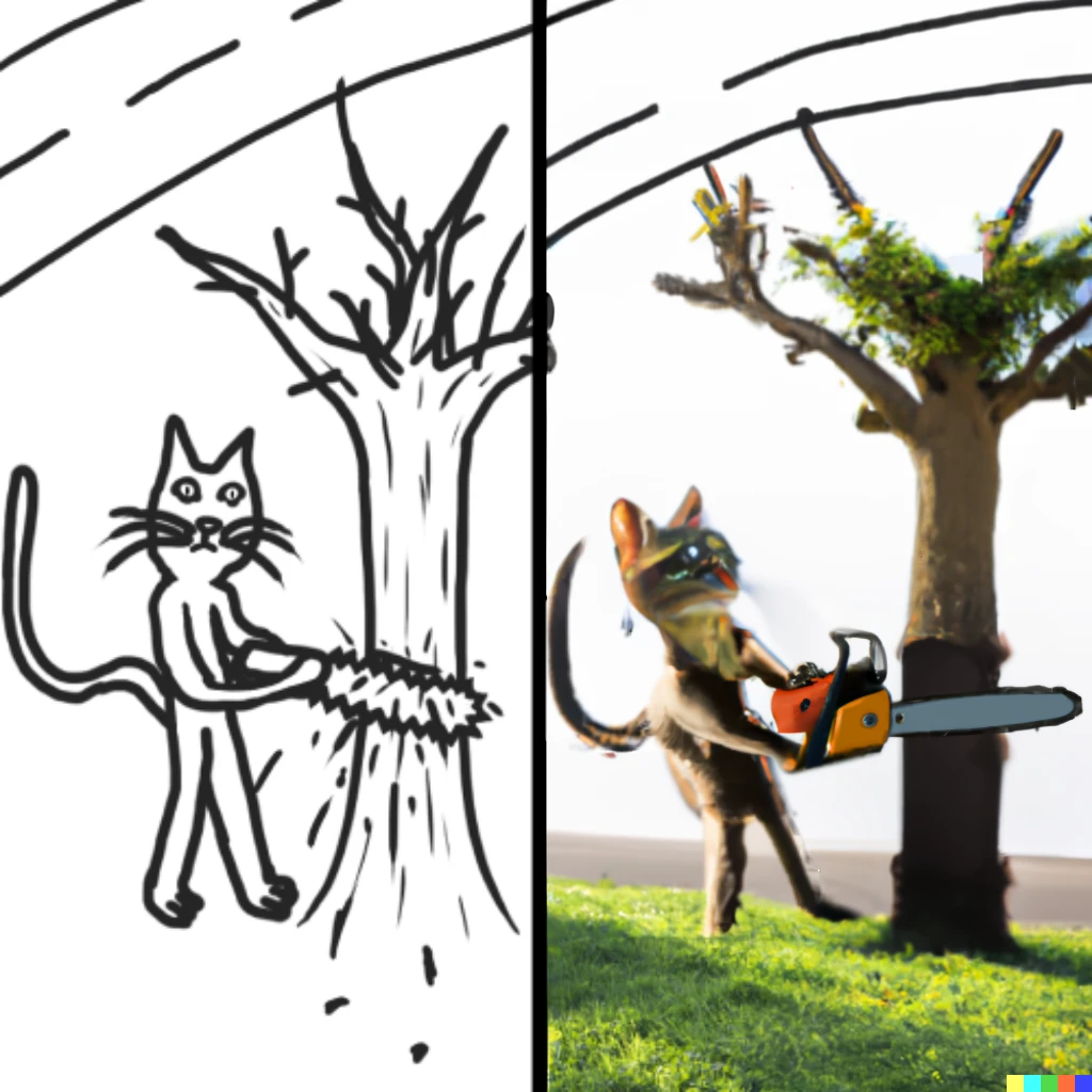 Prompt: a photorealistic render on the right of the exact same cat sawing a tree near the road on the left 