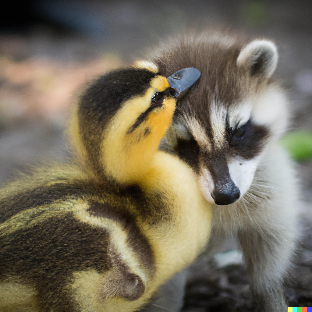 Prompt: 35mm depth-of-field adorable photograph of a cute baby raccoon hugging a cute small duckling