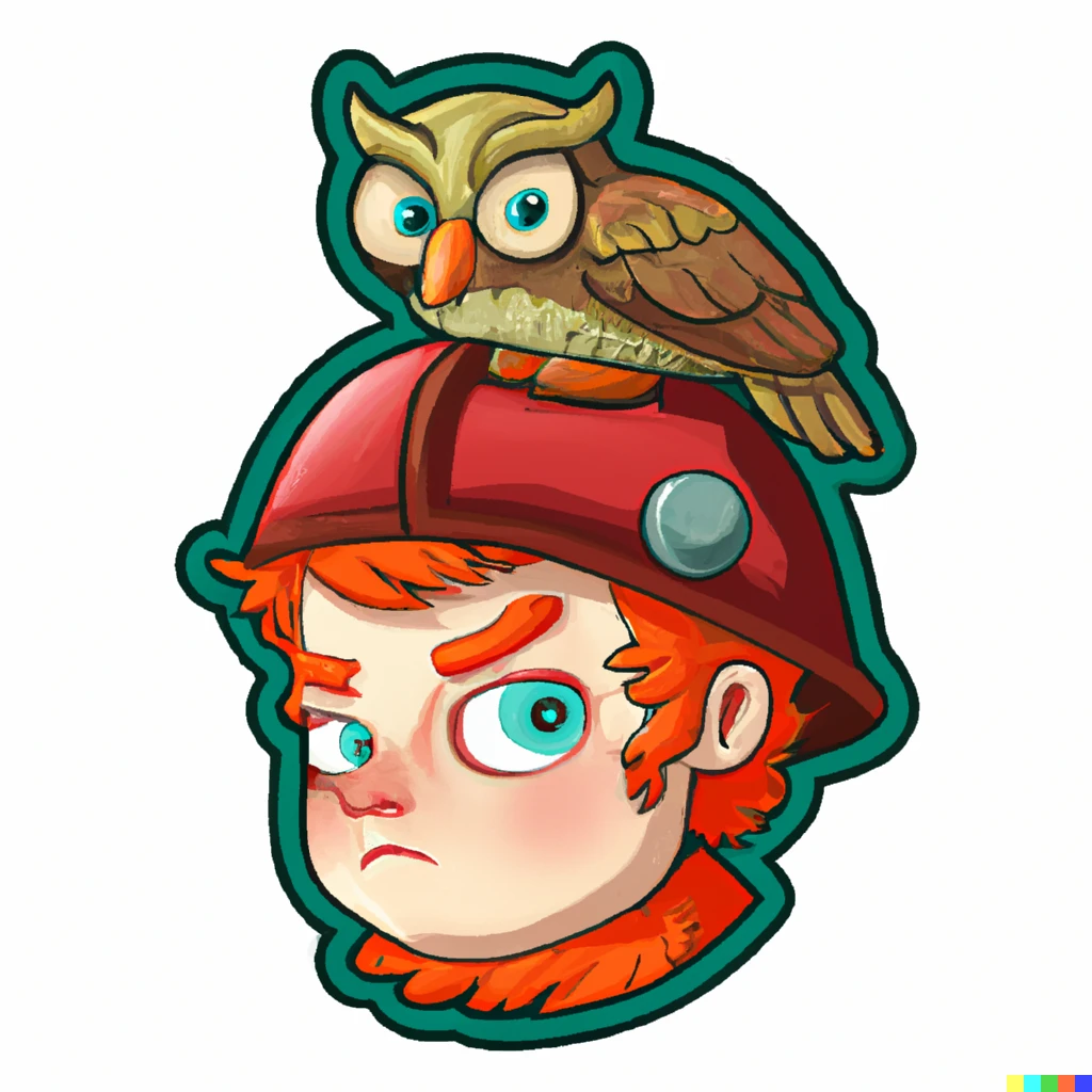 Prompt: elf owl and red short haired adventurer sticker illustration