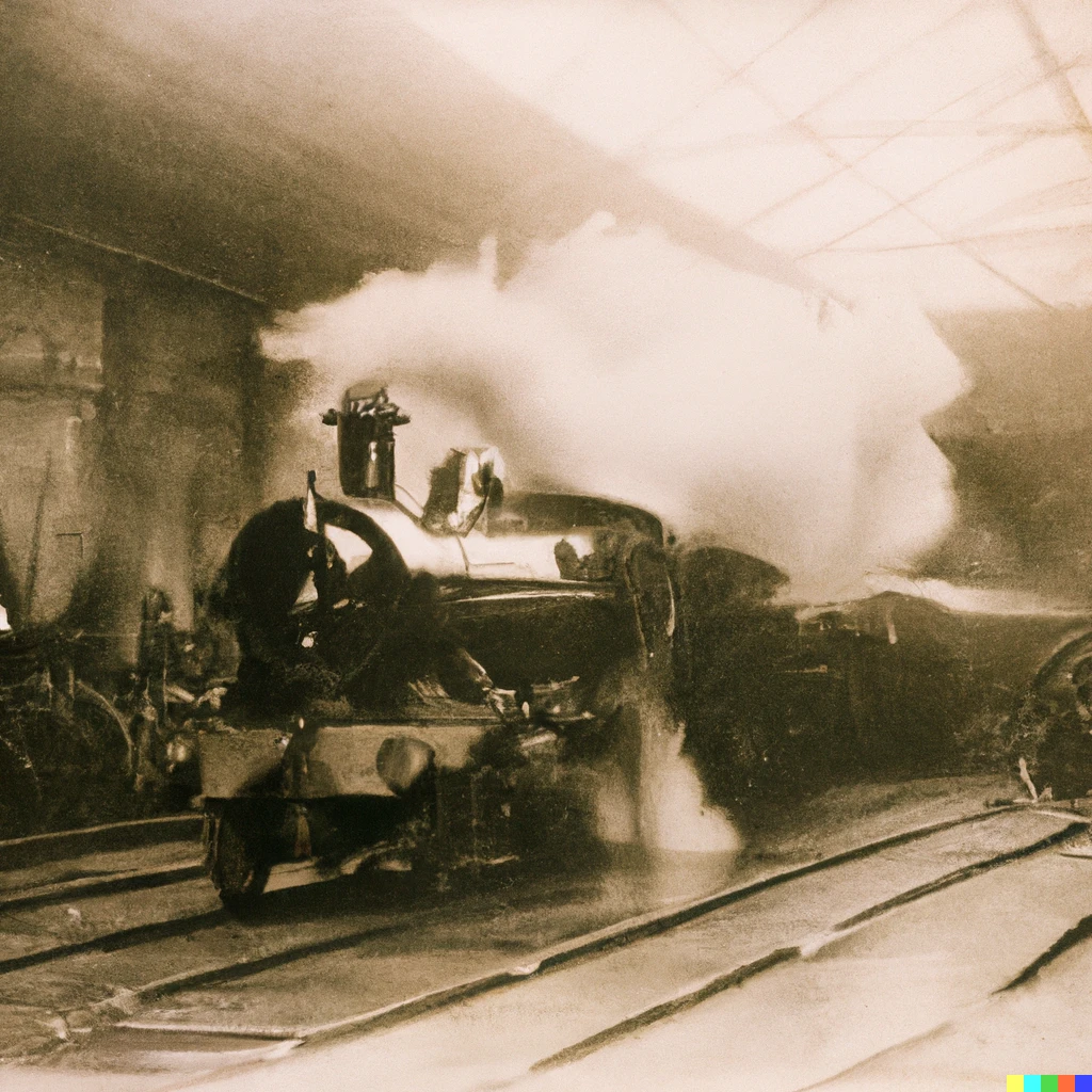 Prompt: "A scene of an old steam train pulling into a large train station, billowing steam, studio lighting, by Walter Wick" 
