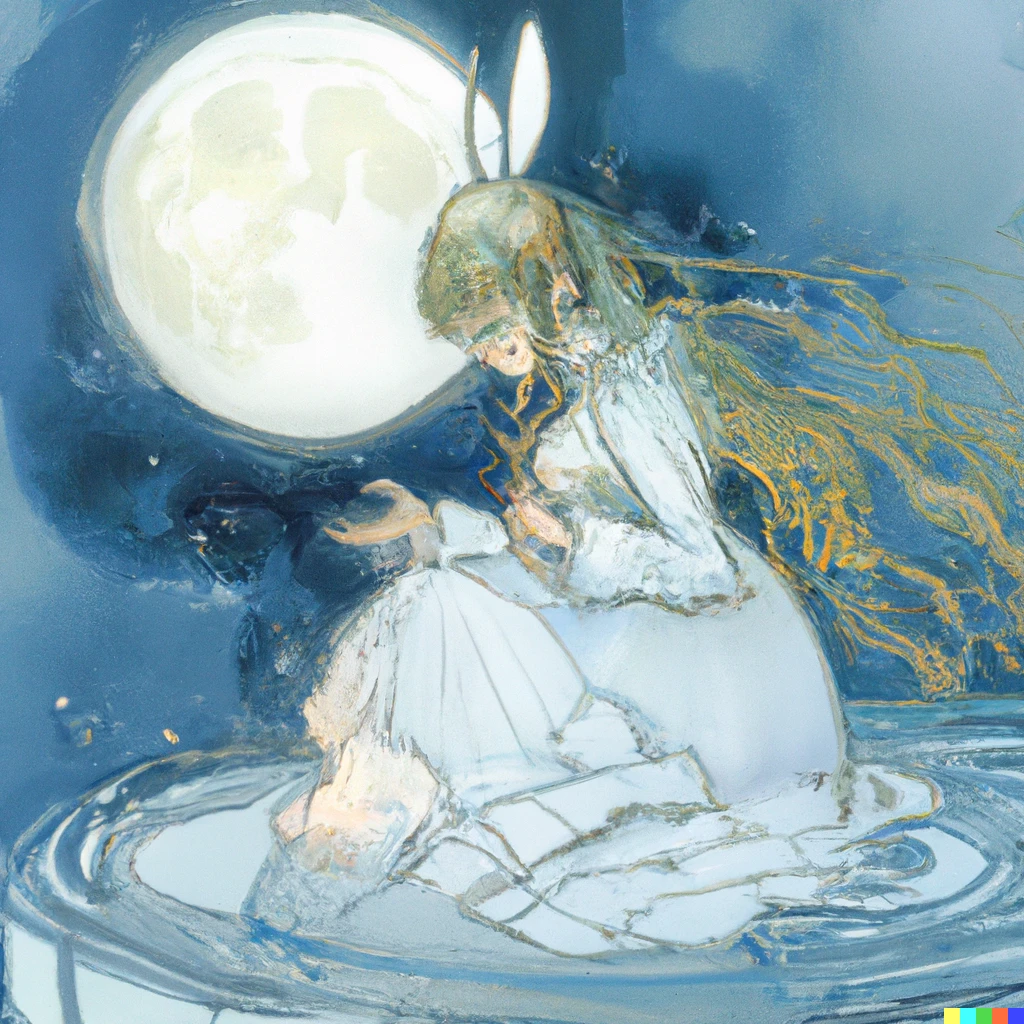 Prompt: The rabbit goddess of the moon, Illustrated by Yoshitaka Amano