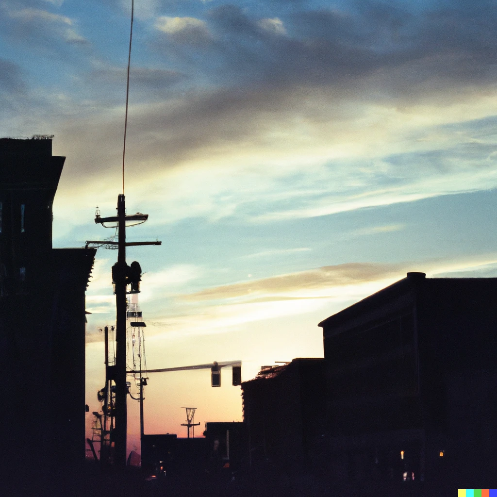 Prompt: 35mm photograph  of a city at sunset from street-level, detailed, kodak gold 200 film