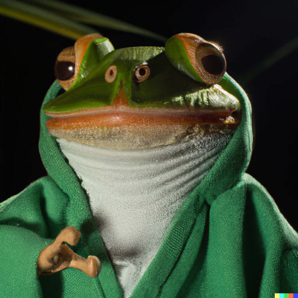 Prompt: A frog wearing a Yoda costume, 35mm macro, studio lighting