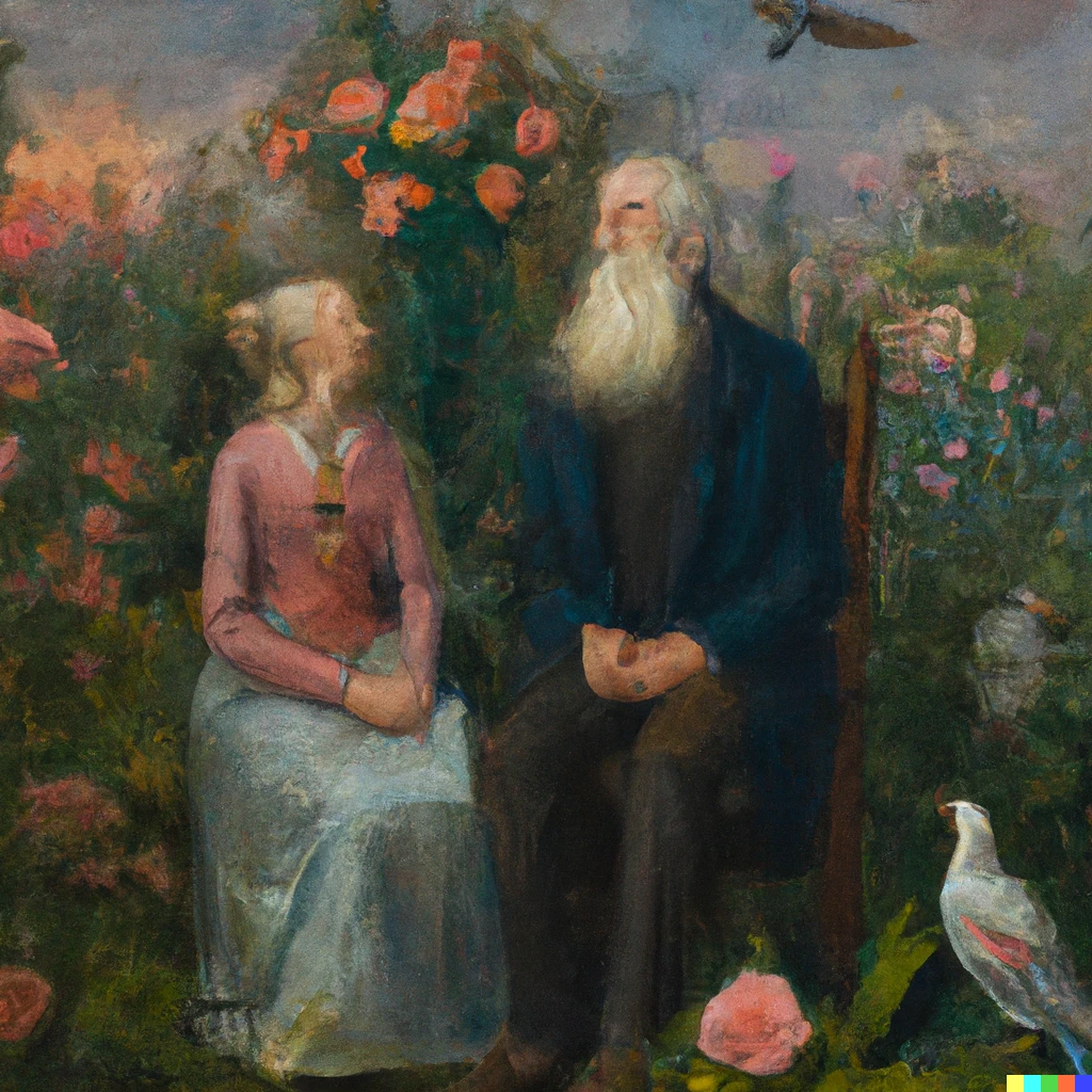 Prompt: "A short 60 year old woman and a tall 60 year old man sit together, happy,  garden, birds, flowers, oil painting, by William Turner"