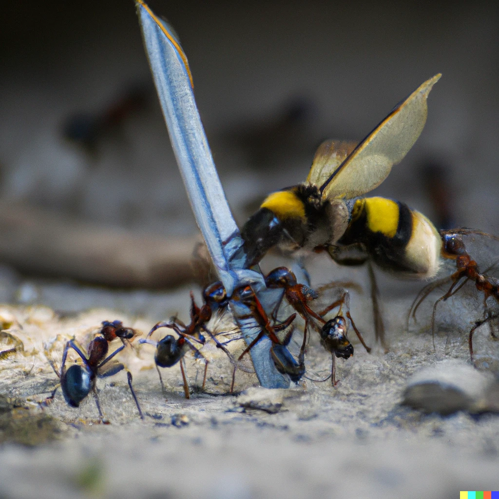 Prompt: An epic and cinematic swordfight between ants and bumblebees 