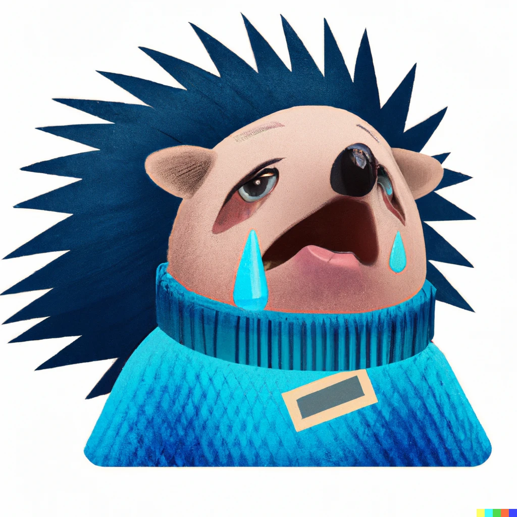 Prompt: extremely emotionally expressive hedgehog wearing a blue turtleneck sticker illustration