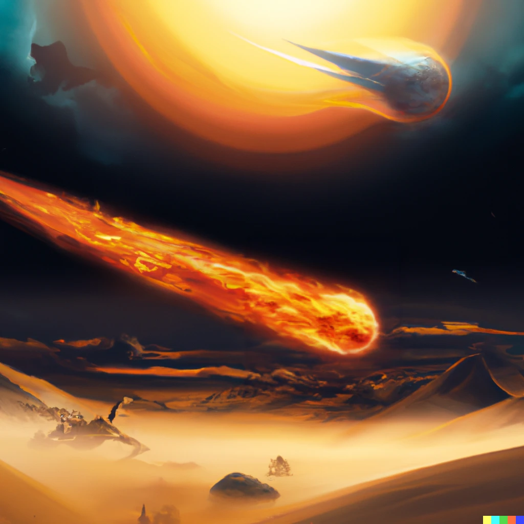 Prompt: fiery fireball traveling across the sky over the desert, skeletons are in the desert, digital art