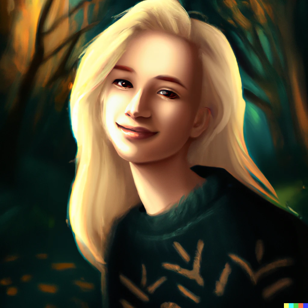 Prompt: smiling blond woman in forest in sweater, glowy, warm, art station digital art