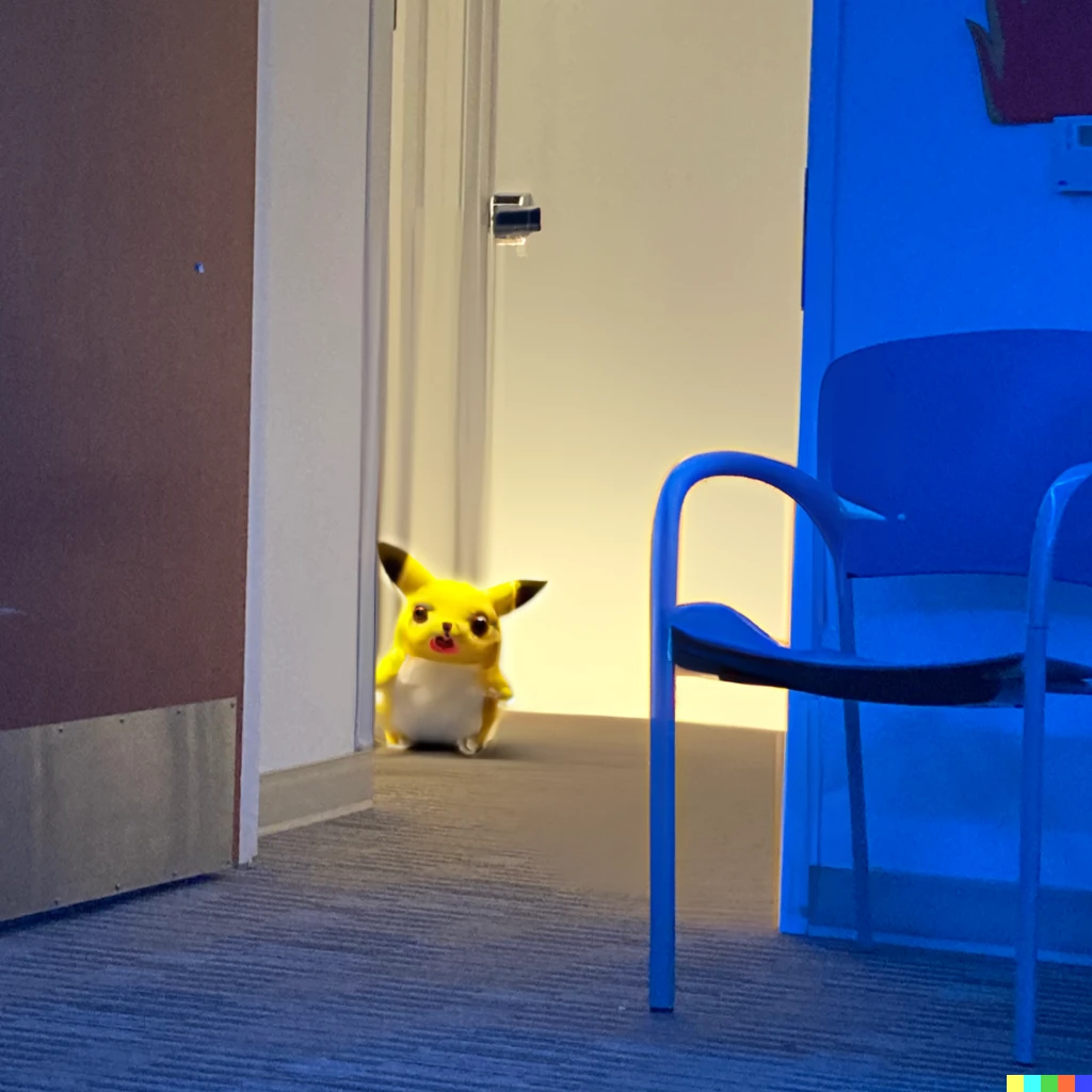 Prompt: pikachu peeking into room from hallway, photograph, iPhone SE camera