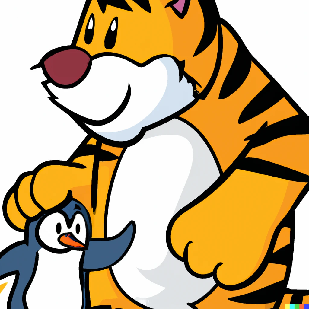 Prompt: a cartoon of a big tiger petting a little penguin