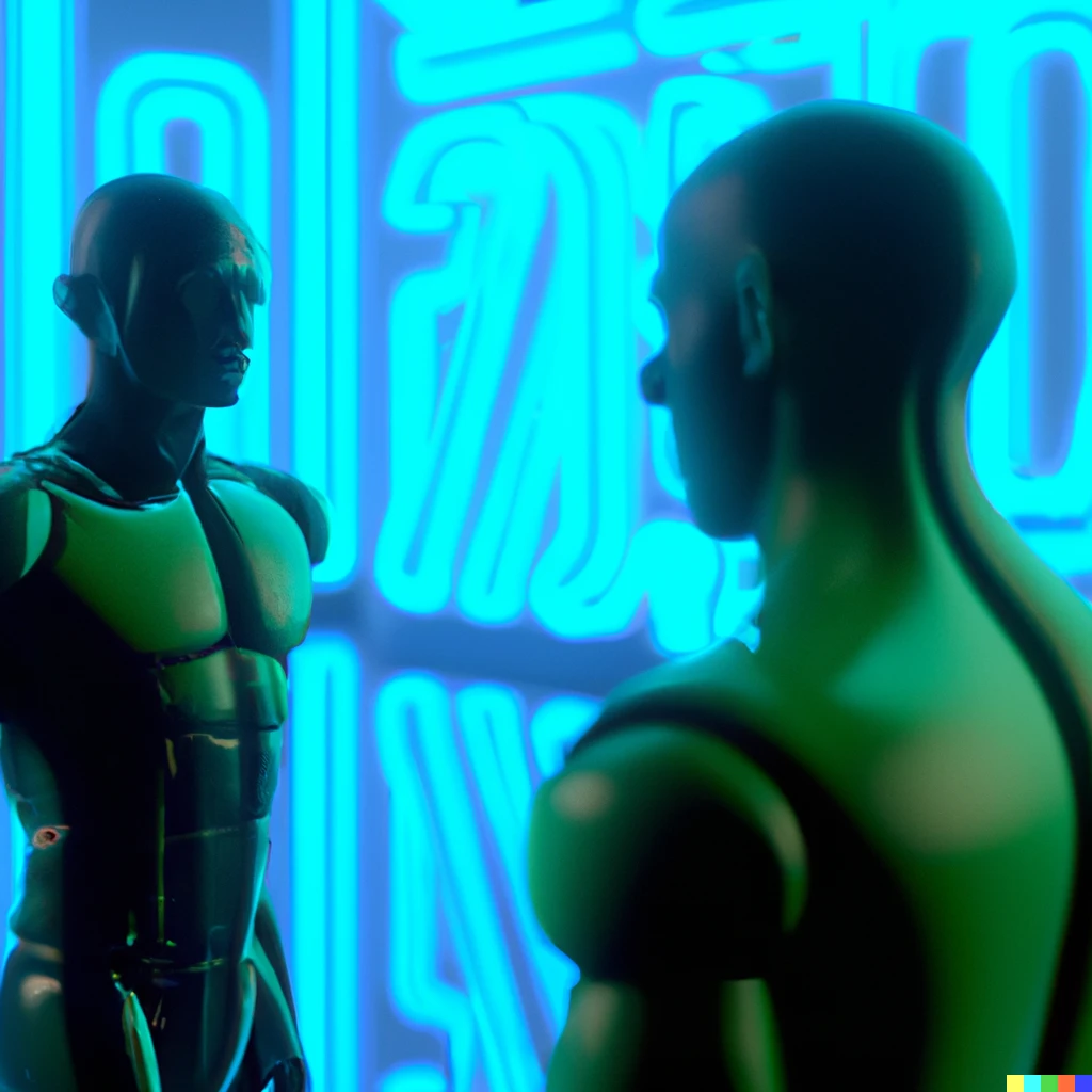 Prompt: An artificial intelligence being interrogated by another artificial intelligence, unreal engine