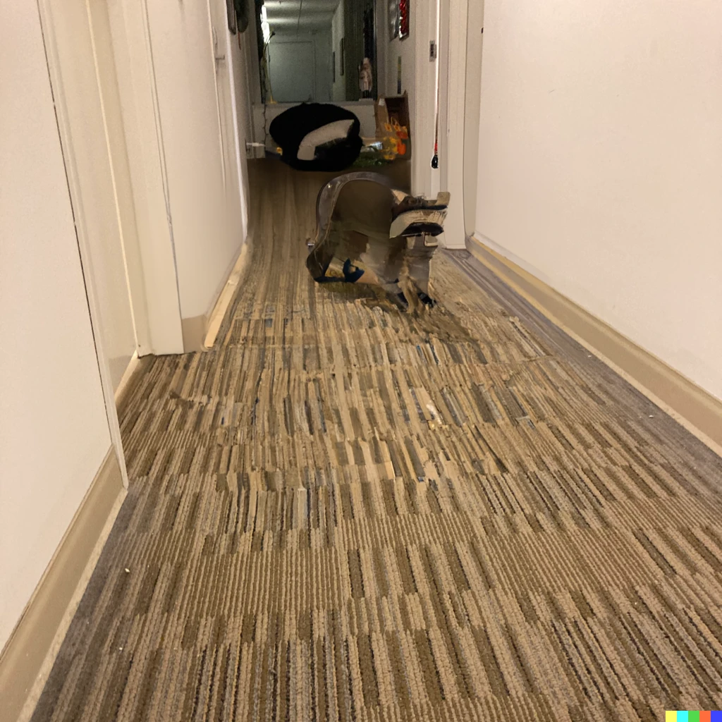 Prompt: a raccoon in a hallway, photograph taken with iPhone SE