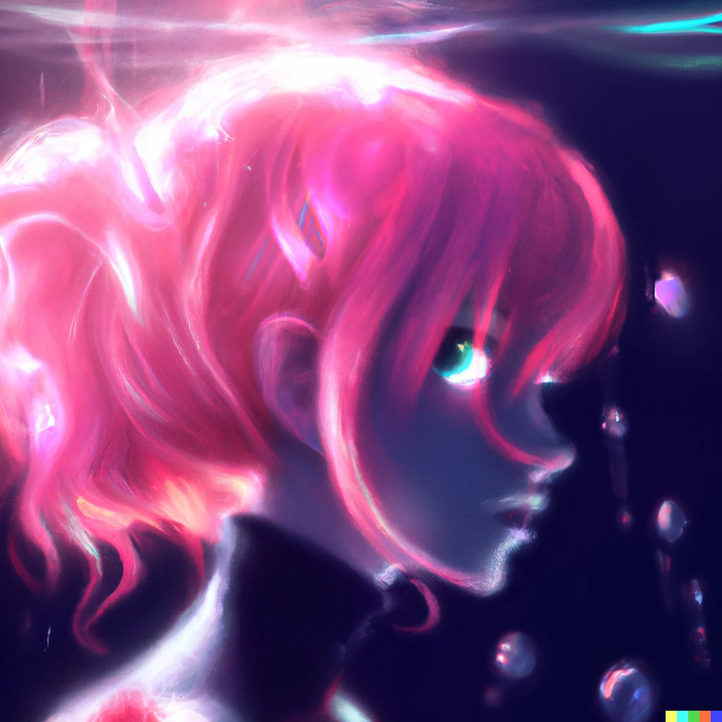 Prompt: girl with ponytail underwater, glowy, bright, cyberpunk digital art
