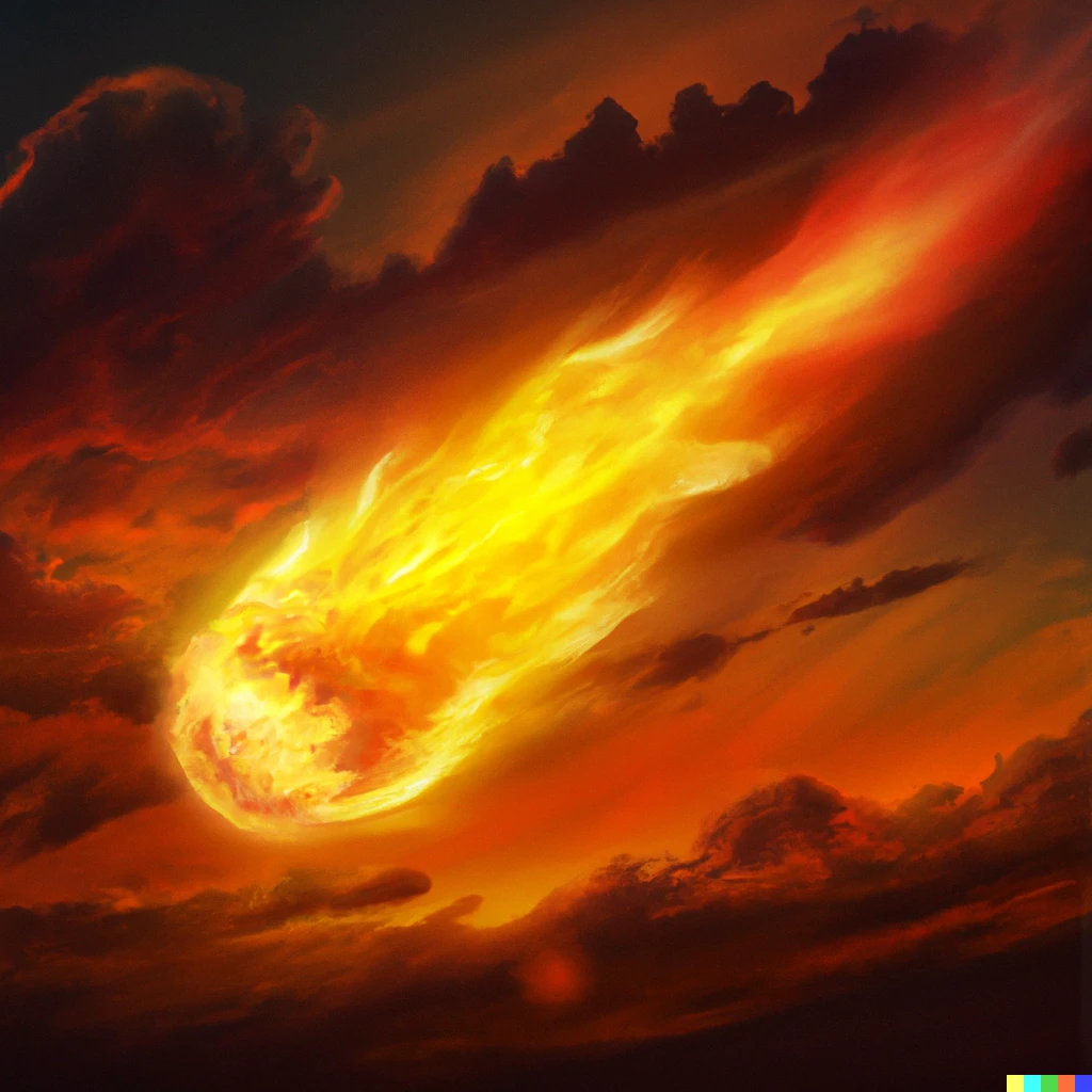 Prompt: flaming fiery fireball with a long trail flying across the sky in the distance, digital art
