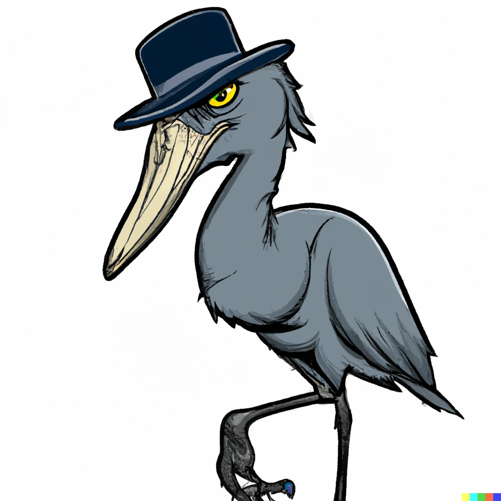 Prompt: Menacing shoebill stork wearing a bowler hat, adobe sticker illustration svg