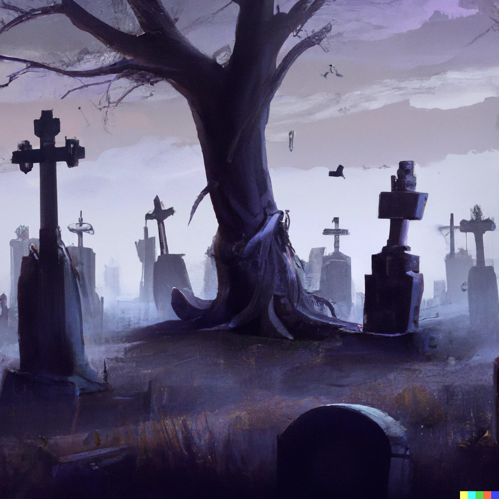 Prompt: Spooky graveyard, digital art, trending on artstation.