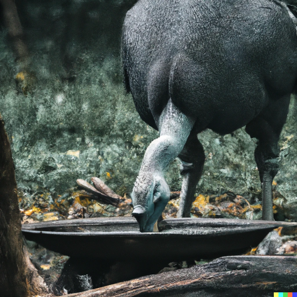 Prompt: "a 4k photography of a dodo drinking water in the jungle, extremely detailed" 