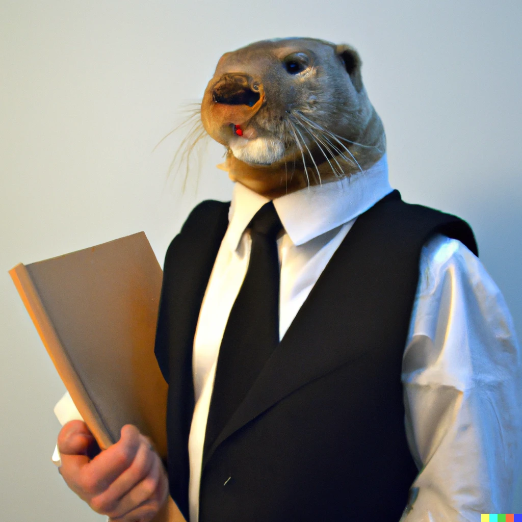 Prompt: An otter dressed in a business suit pretends to be a human worker, photo.