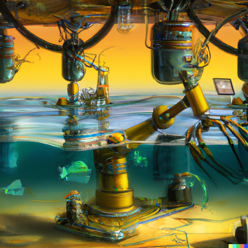 Prompt: "underwater automated robot factory"