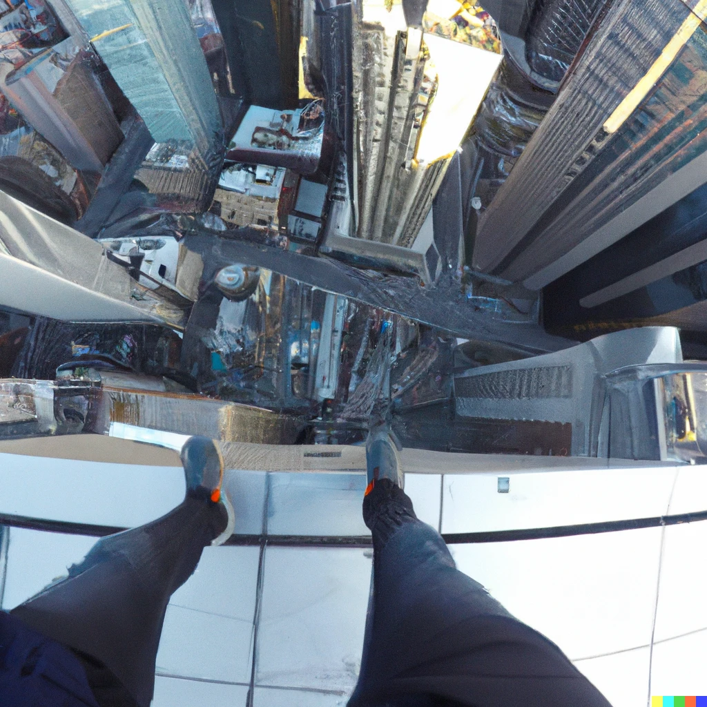 Prompt: First person GoPro photo of someone standing on the edge of a 500ft tall skyscraper in New York looking down at the streets and buildings, 4K