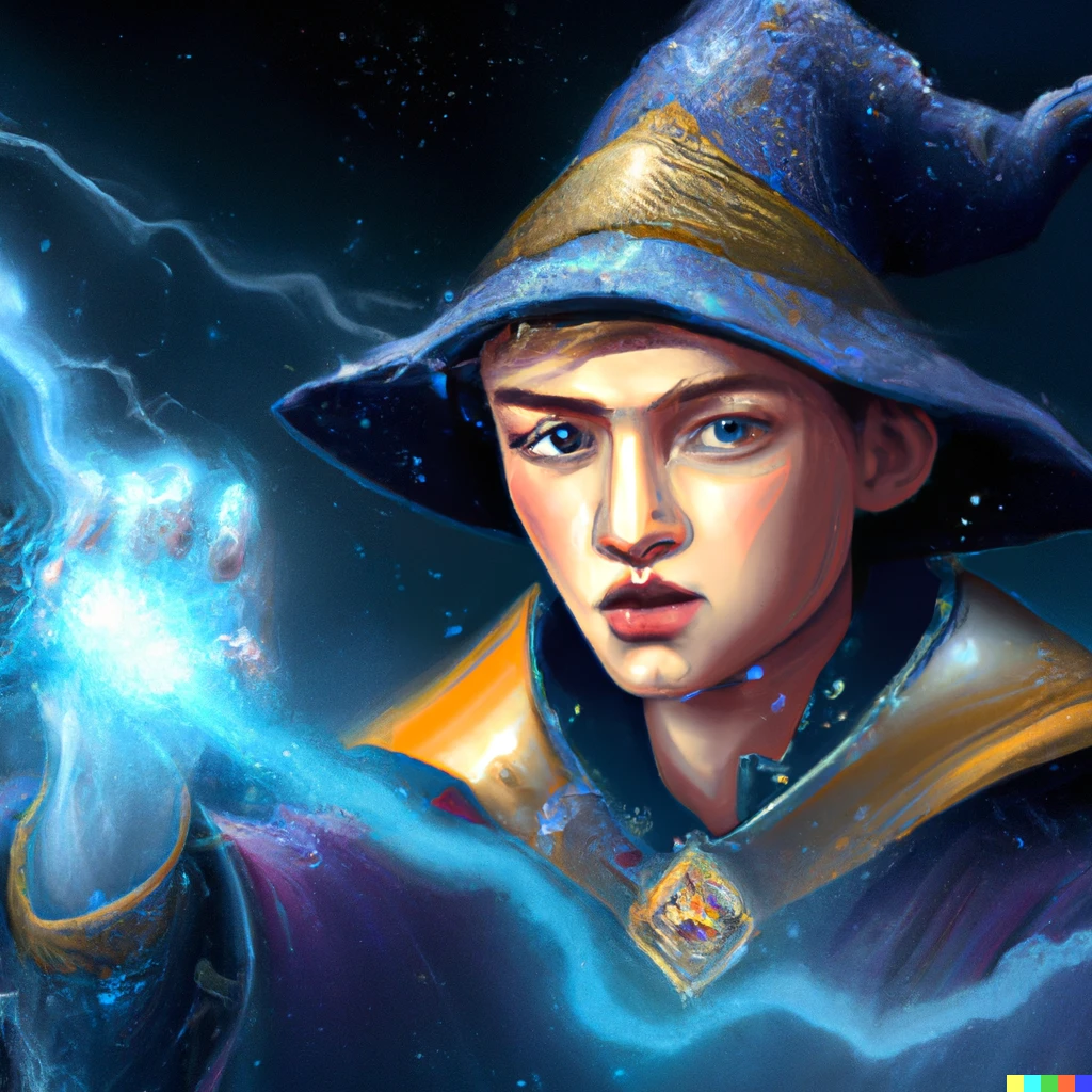 Prompt: young adult wizard, holding lightning bolt, digital art