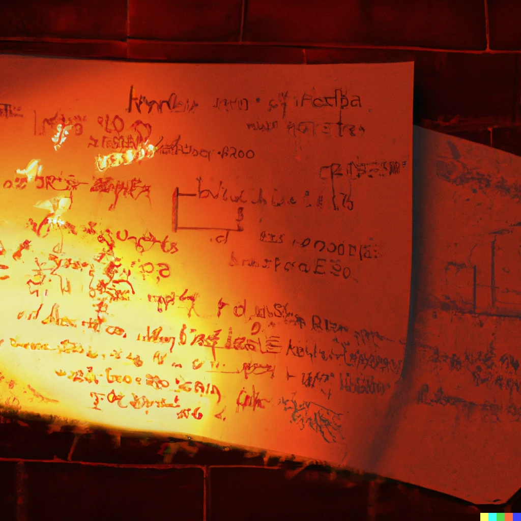 Prompt: "A glowing page out of a computer science university student's math notebook. The page is ripped out and is on a yellow  table made of bricks. There are math equations written all over it and the paper is glowing red. Digital art. High quality.  Trending on Art station.