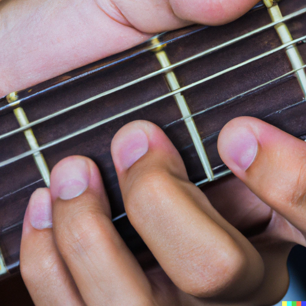 Prompt: "close up of hand playing difficult guitar chord on fretboard, instructional"