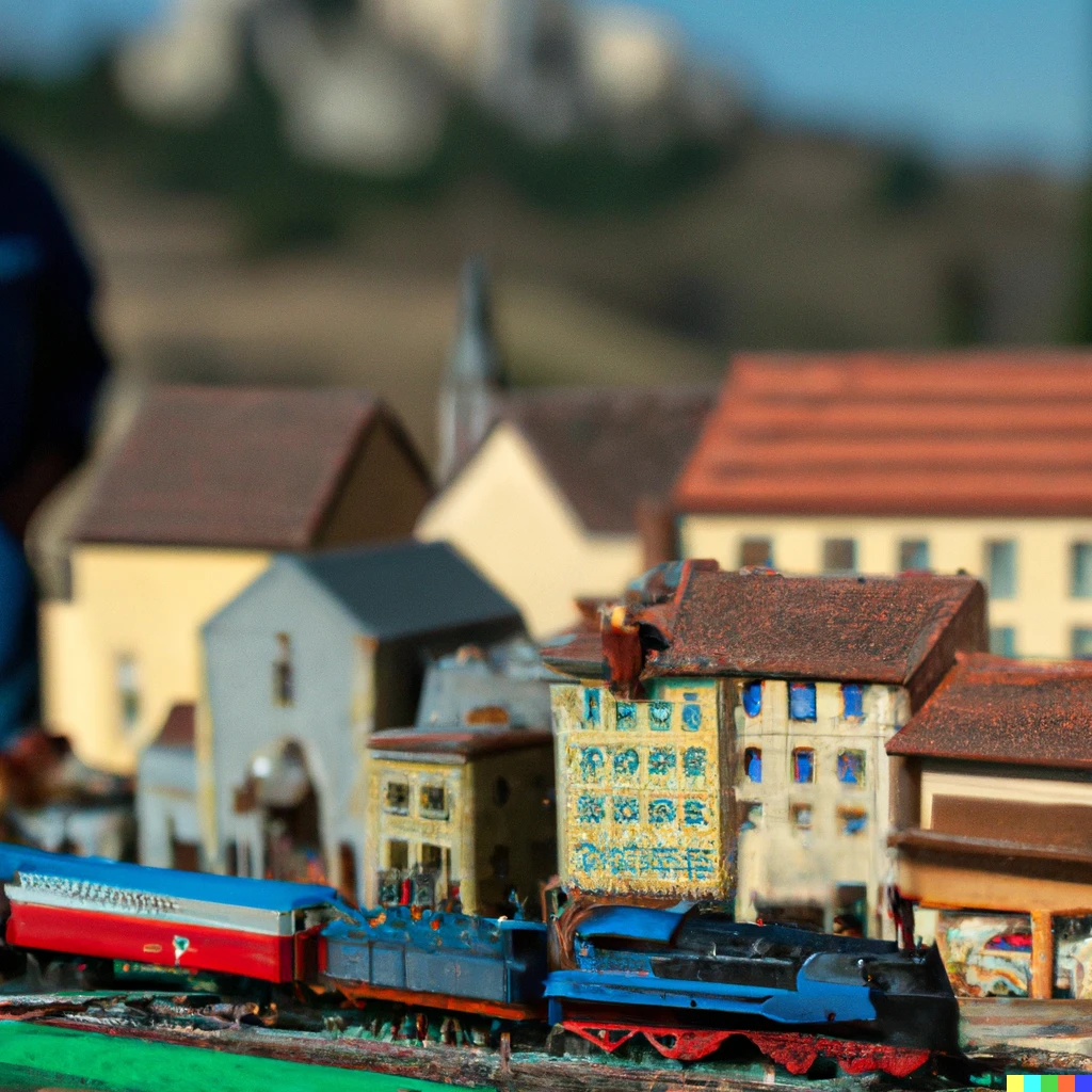 Prompt: detailed high quality miniature  of train, in town, hills in background, people