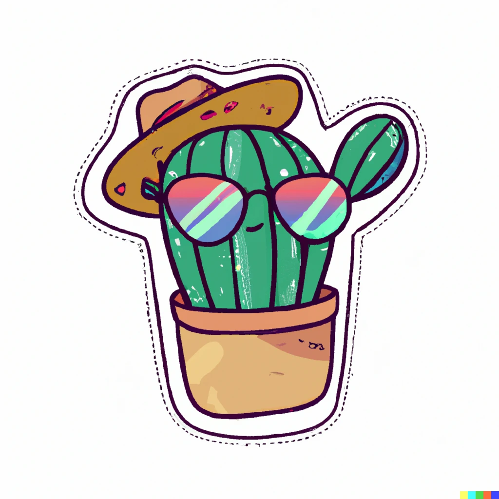 Prompt: cactus in colorful sunglasses with strawhat sticker illustration