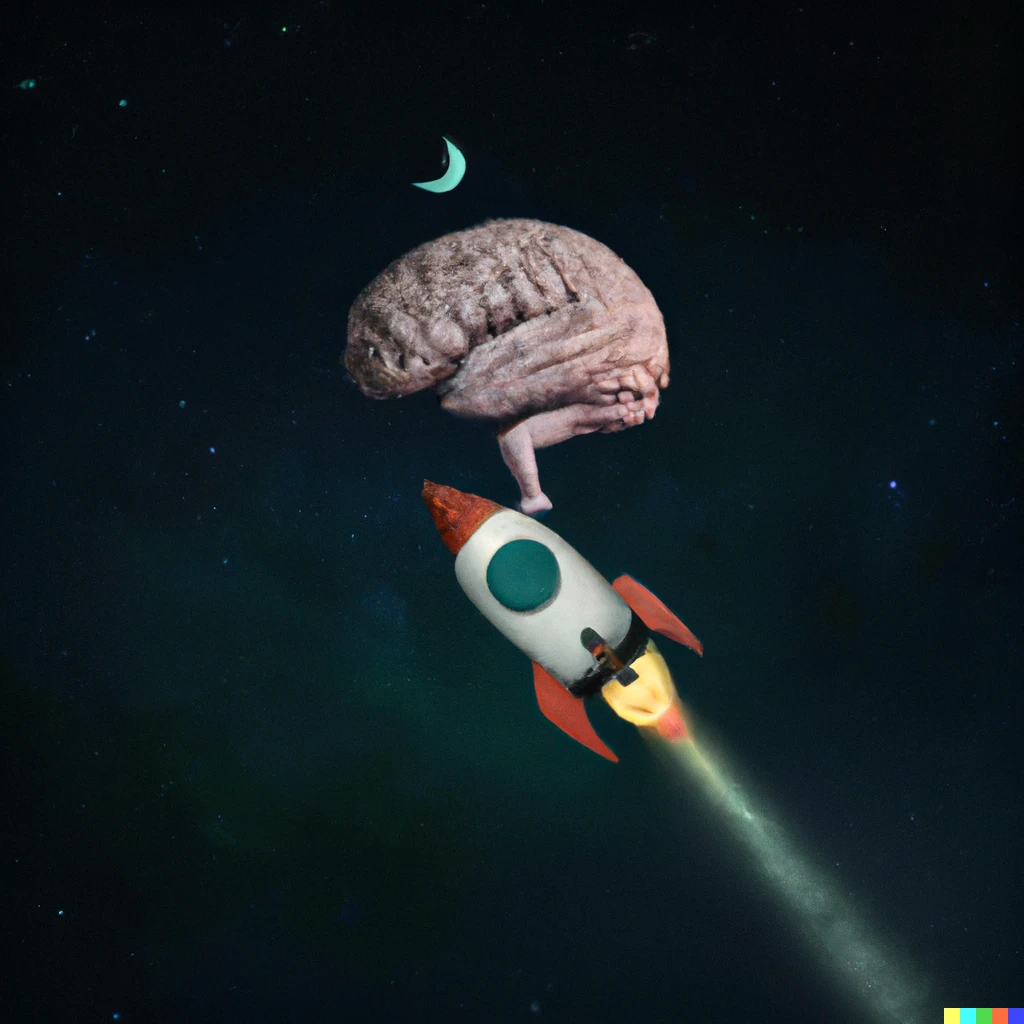 Prompt: A brain riding a rocketship heading towards the moon. Photograph