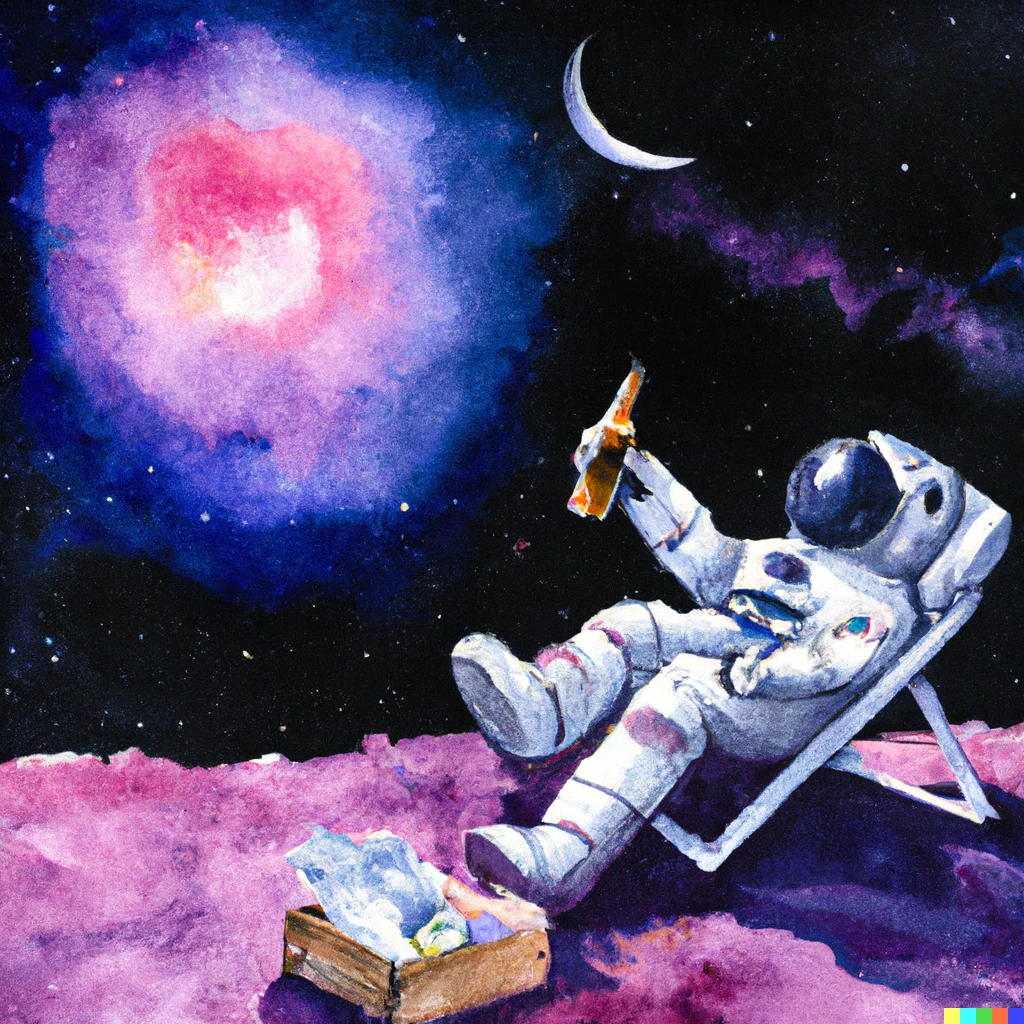 Prompt: An astronaut lying on a deck-chair on the moon in a space suit, with his feet kicked up on a beer bottle box, holding a bottle of beer in his right hand, looking at the earth rising over the horison, illuminated by the sun, with pink milky way galaxy across the black sky, award winning watercolor painting