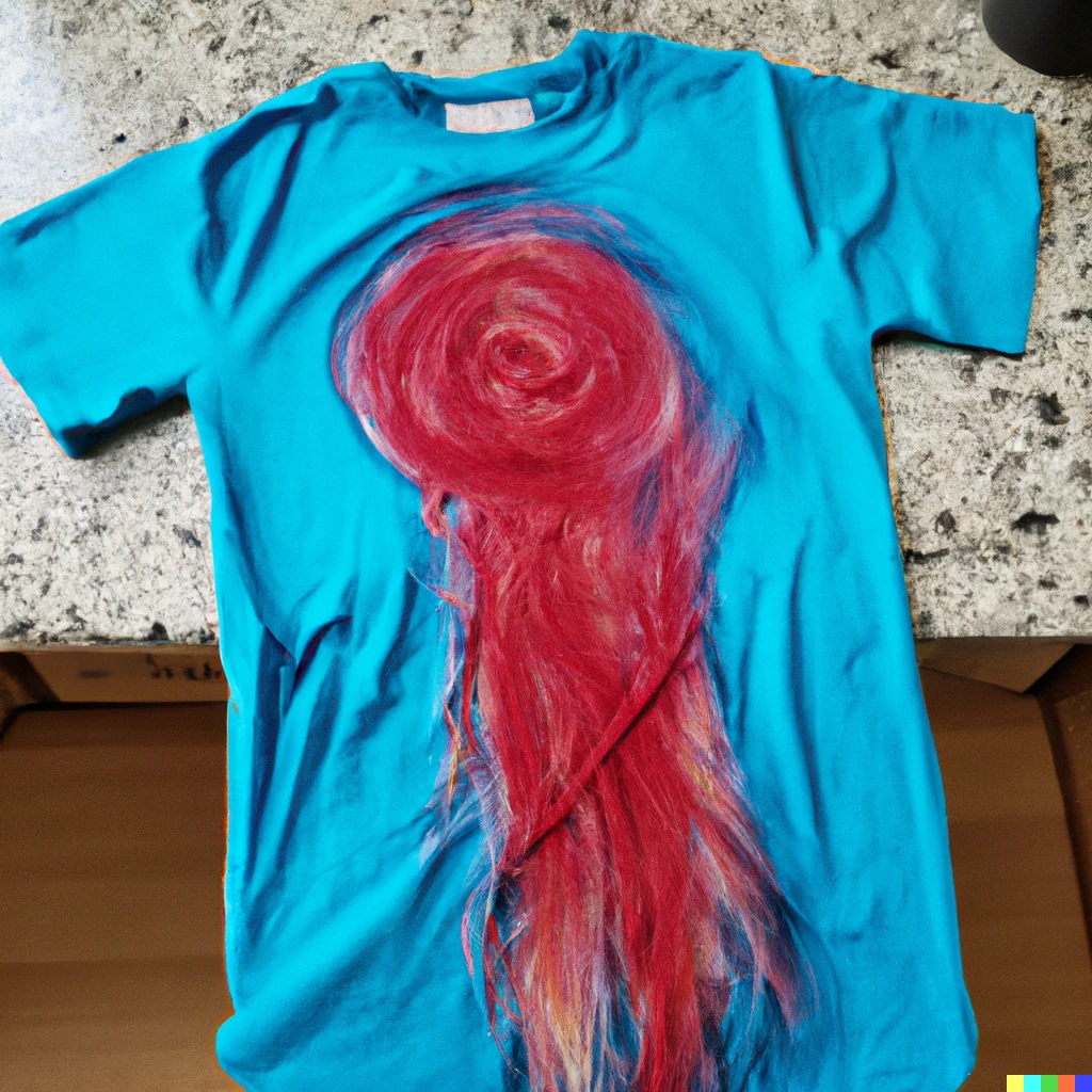 Prompt: A tie-dye shirt with spaghetti sauce on it