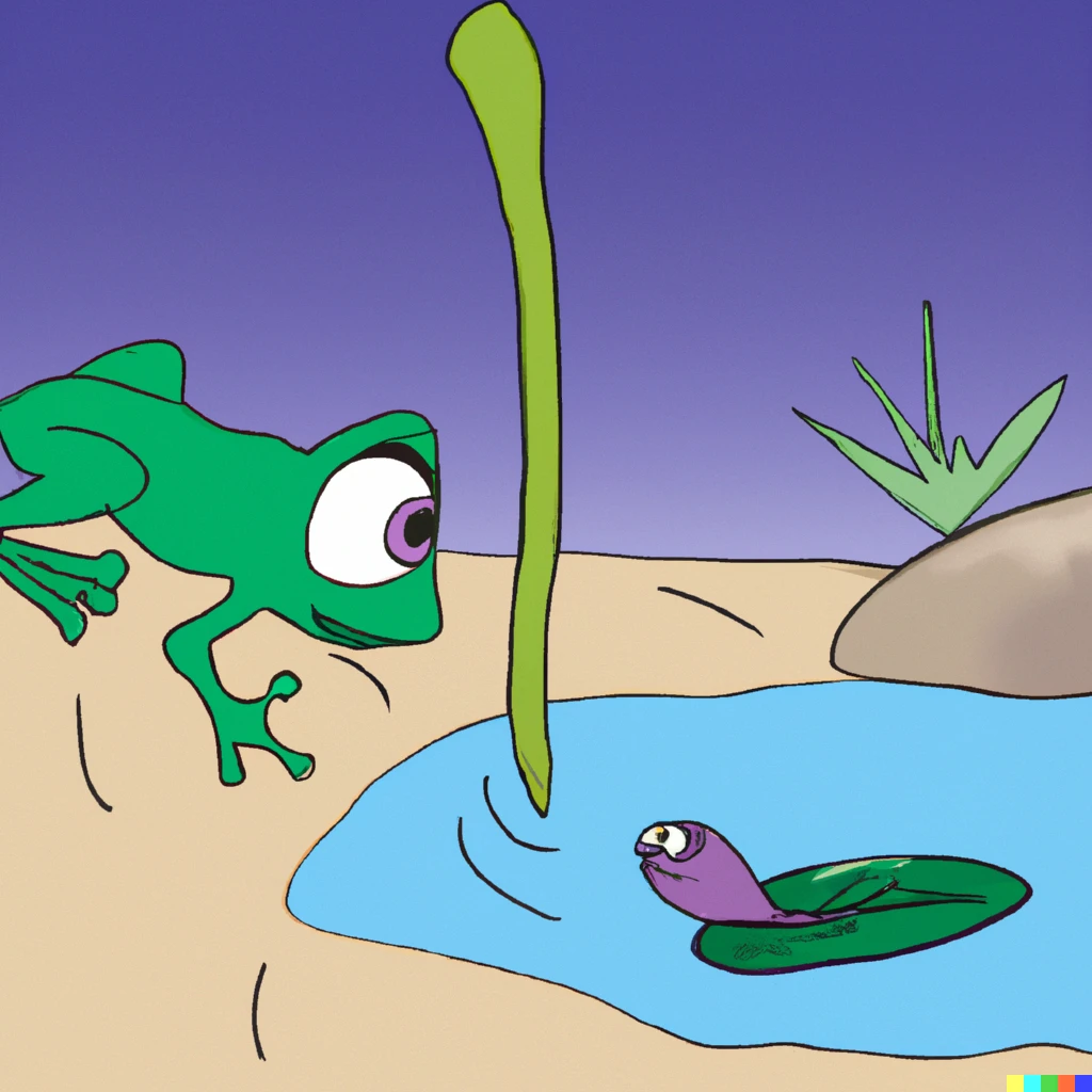 Prompt: A rainfrog spying on a tadpole, illustration