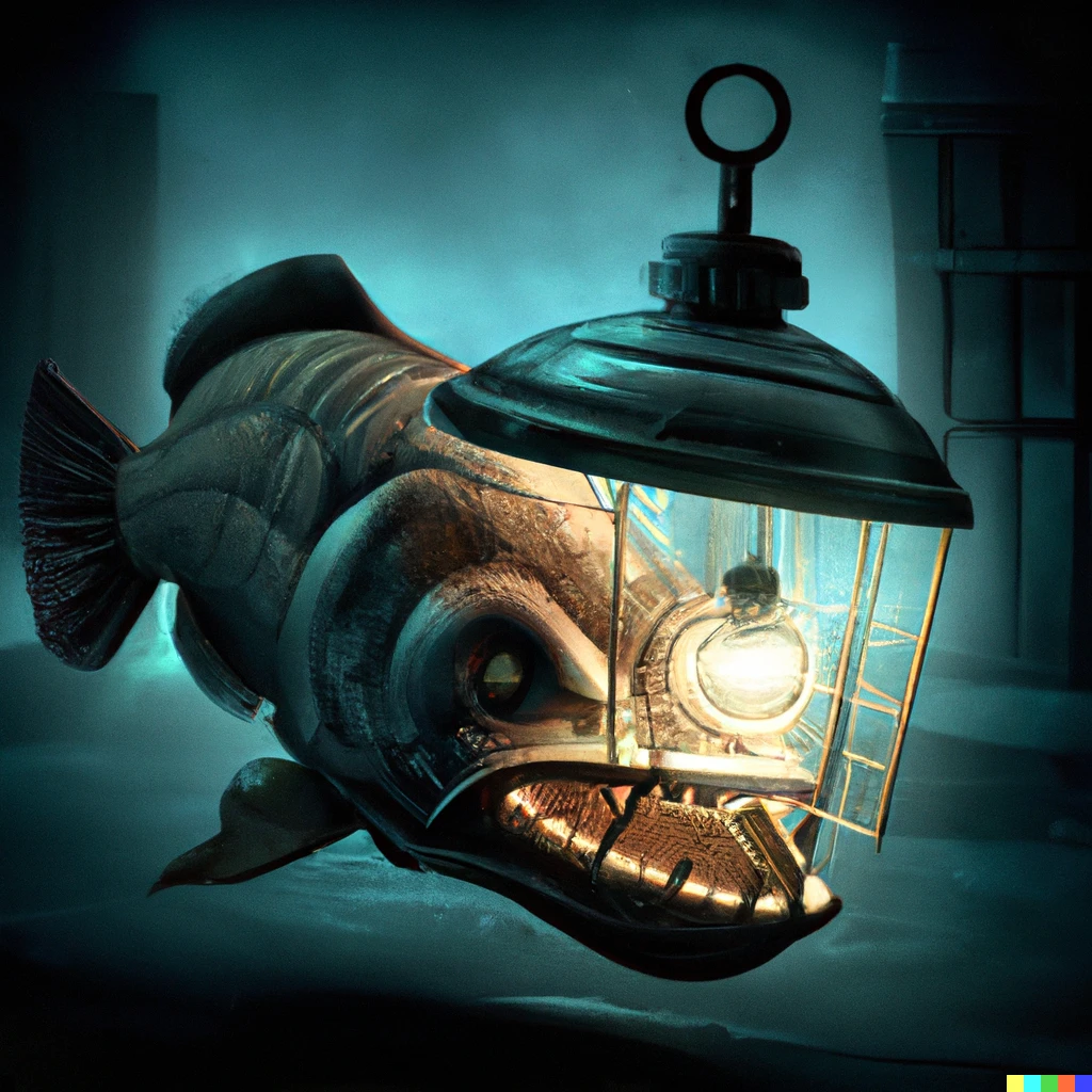 Prompt: Anglerfish with an old lantern for a lightaource, detailed, 4k, digital art