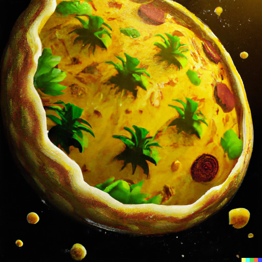 Prompt: pineapple pizza planet, digital art