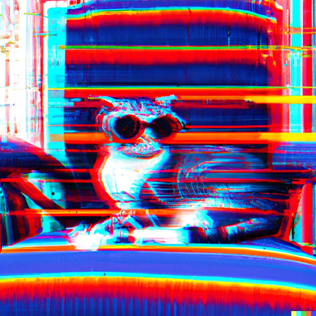 Prompt: A cat sitting in a chair, wearing a pair of sunglasses, glitchcore art